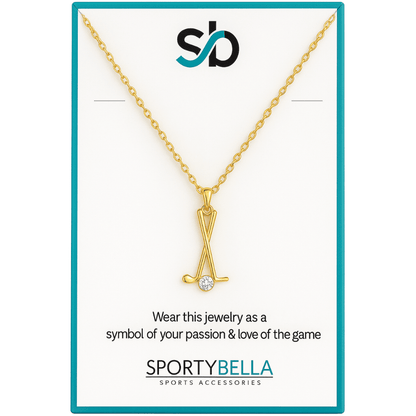 Gold golf club charm necklace on a card with the text 'Wear this jewelry as a symbol of your passion & love of the game'.