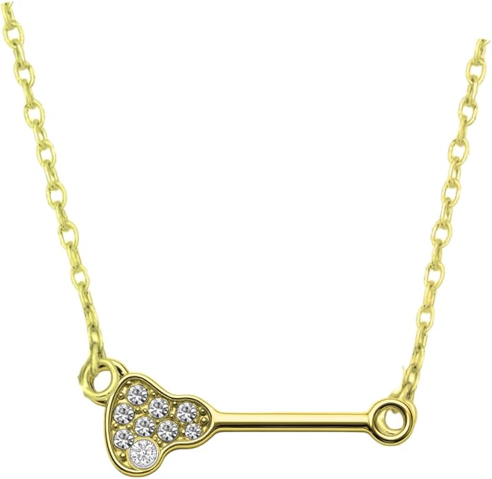 Lacrosse stick charm necklace in gold with sparkling crystals for girls and women