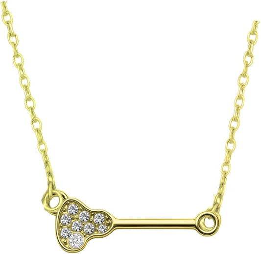 Lacrosse stick charm necklace in gold with sparkling crystals for girls and women