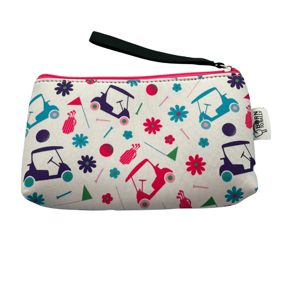 Golf wristlet with colorful golf-themed pattern, perfect for keys, ID, and cash. Ideal golf gift and accessory.