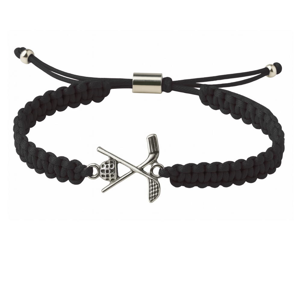 Black adjustable cord bracelet with a silver golf club and ball charm, displayed as a golf-themed jewelry gift.