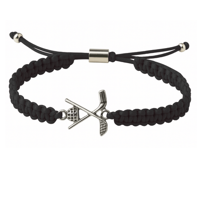 Black adjustable cord bracelet with a silver golf club and ball charm, displayed as a golf-themed jewelry gift.