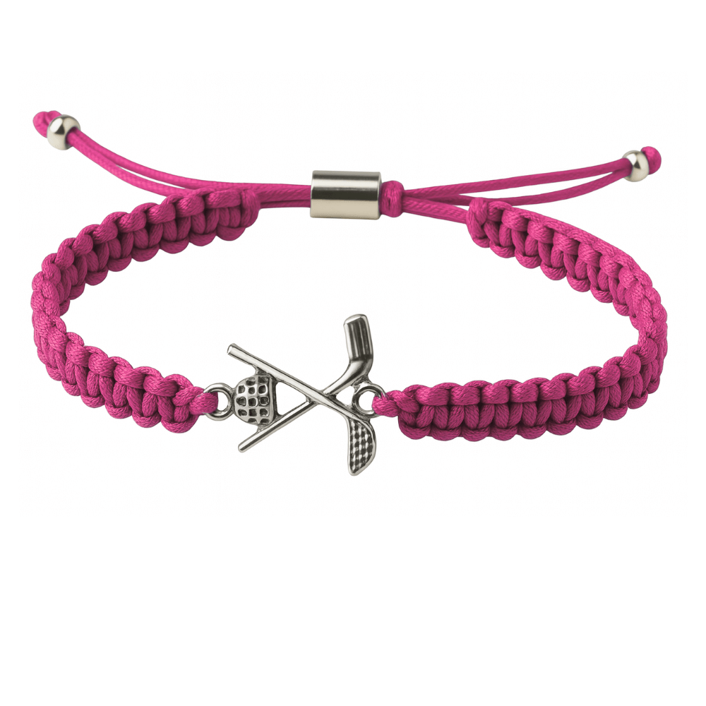Pink adjustable cord bracelet with a silver golf club and ball charm, displayed as a golf-themed jewelry gift for girls