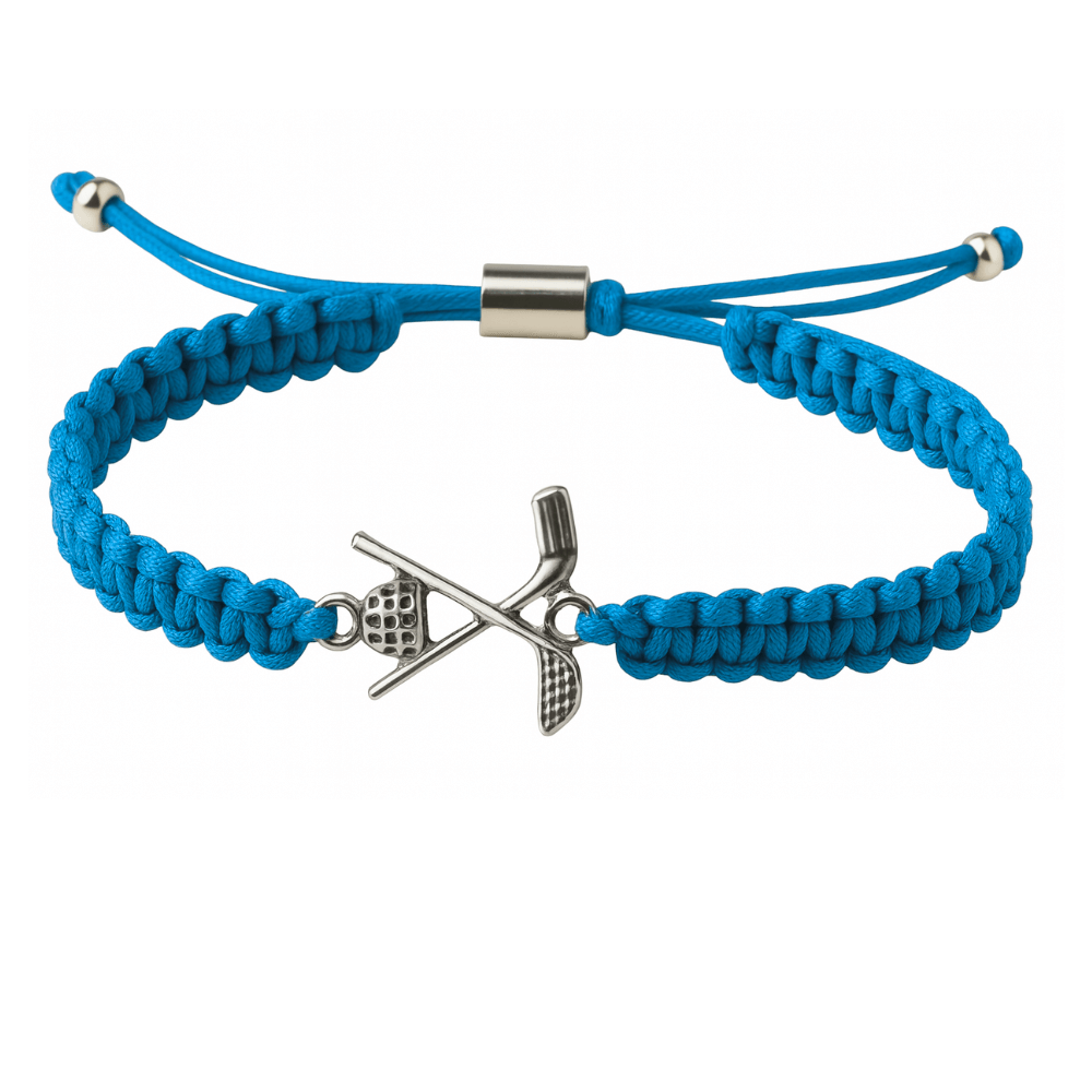 Turquoise adjustable cord bracelet with a silver golf club and ball charm, displayed as a golf-themed jewelry gift for women