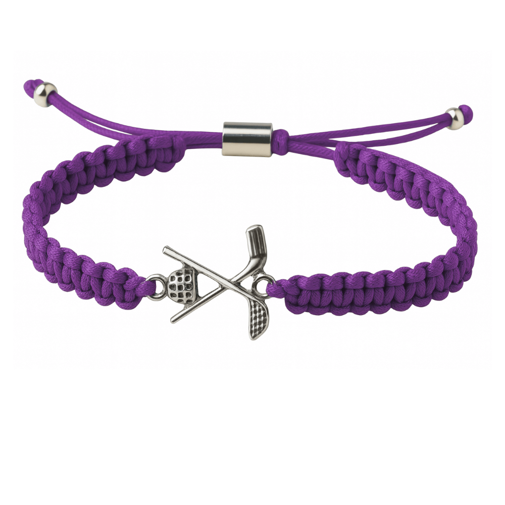 Purple adjustable cord bracelet with a silver golf club and ball charm, displayed as a golf-themed jewelry gift for female golfers