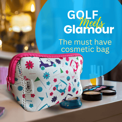 Golf Pink Cosmetic Bag featuring colorful golf-themed designs, perfect as a golf gift and stylish accessory.