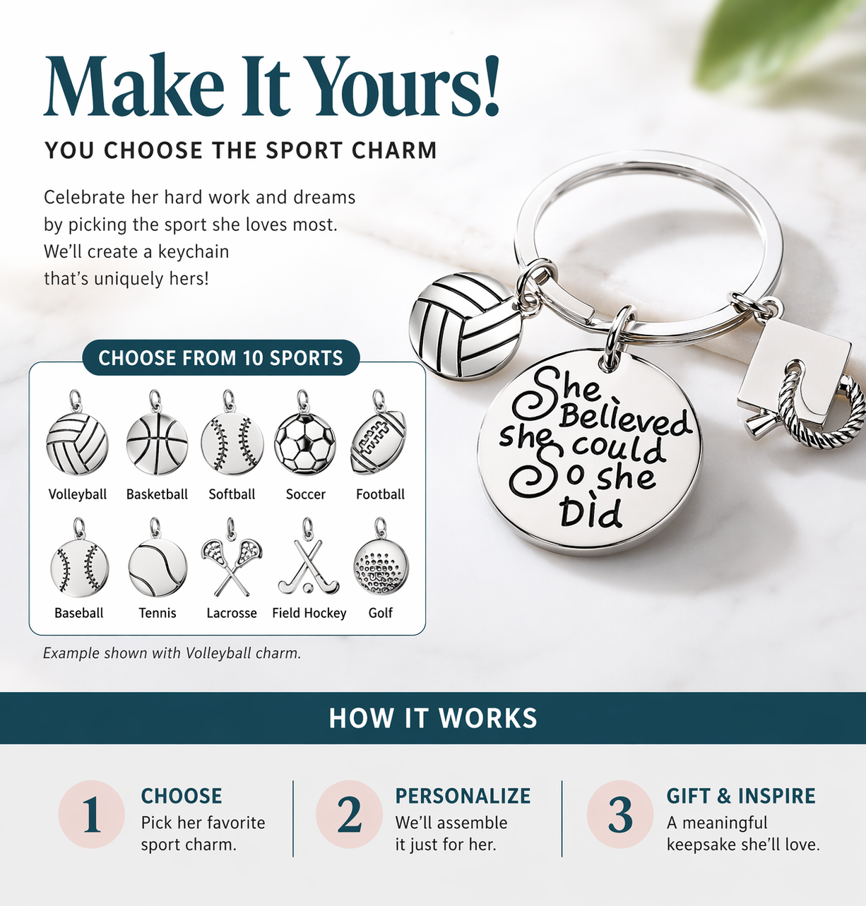 Sports Graduation Keychain - She Believed She Could - Pick Activity