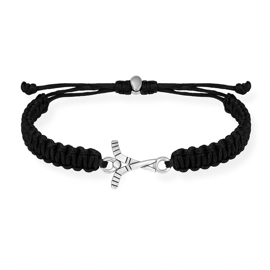 Black braided adjustable cord bracelet with a silver crossed hockey sticks charm, sporty and casual hockey-themed jewelry for men and women