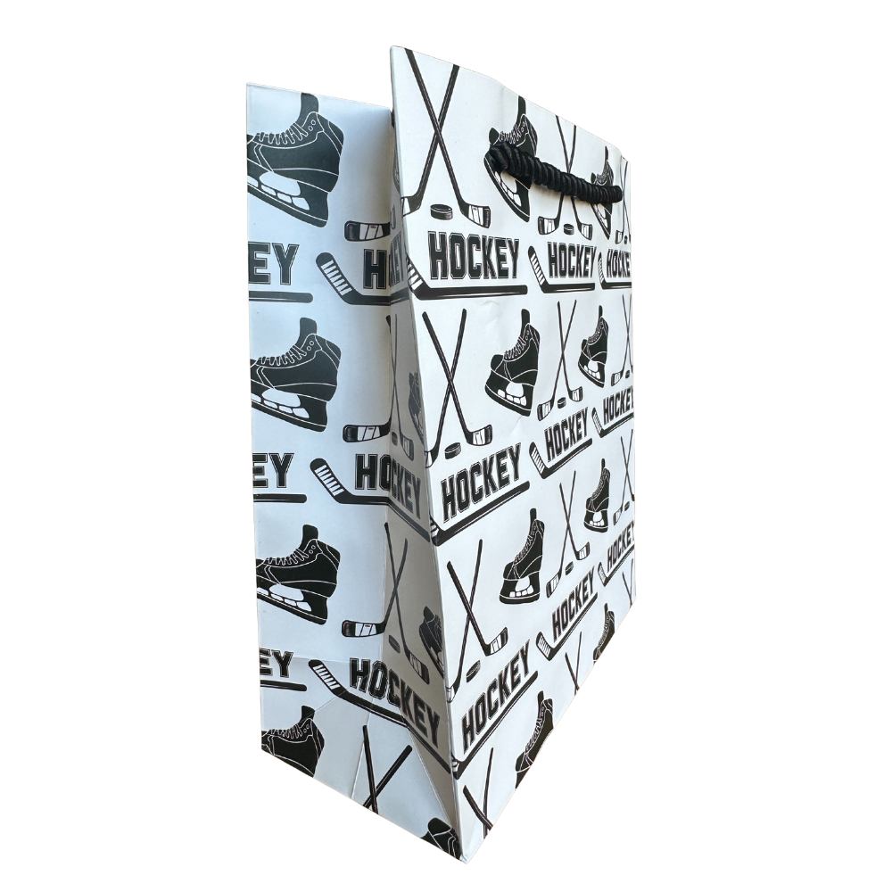 Ice hockey gift bag featuring hockey skates and sticks design, perfect for birthday gifts and giveaways.