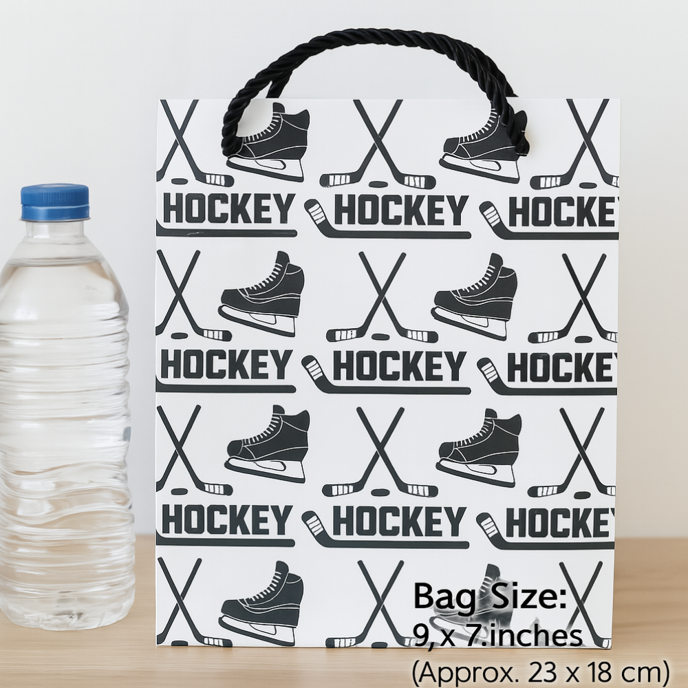 Ice hockey gift bag featuring hockey skates and sticks, perfect for wrapping birthday gifts and giveaways.