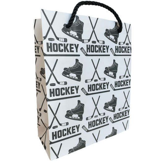 Ice hockey gift bag featuring skate and stick designs, perfect for birthday gifts or giveaways.