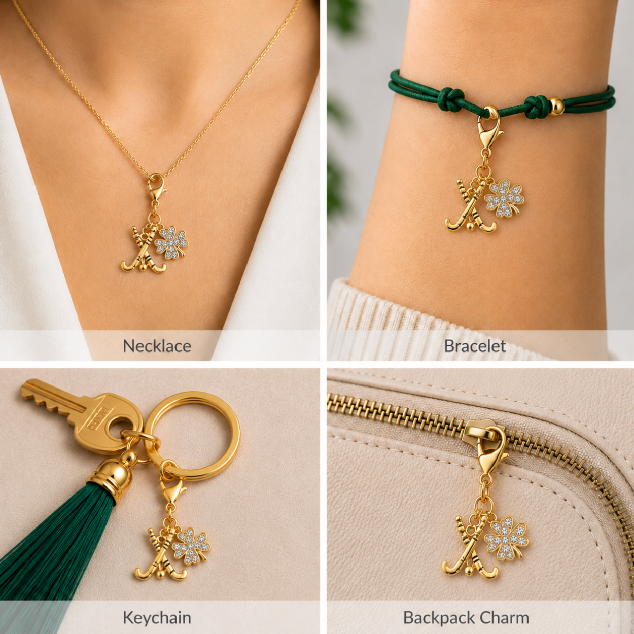 Sports Four Leaf Crystal Clover Lucky Clip on Charm - Gold