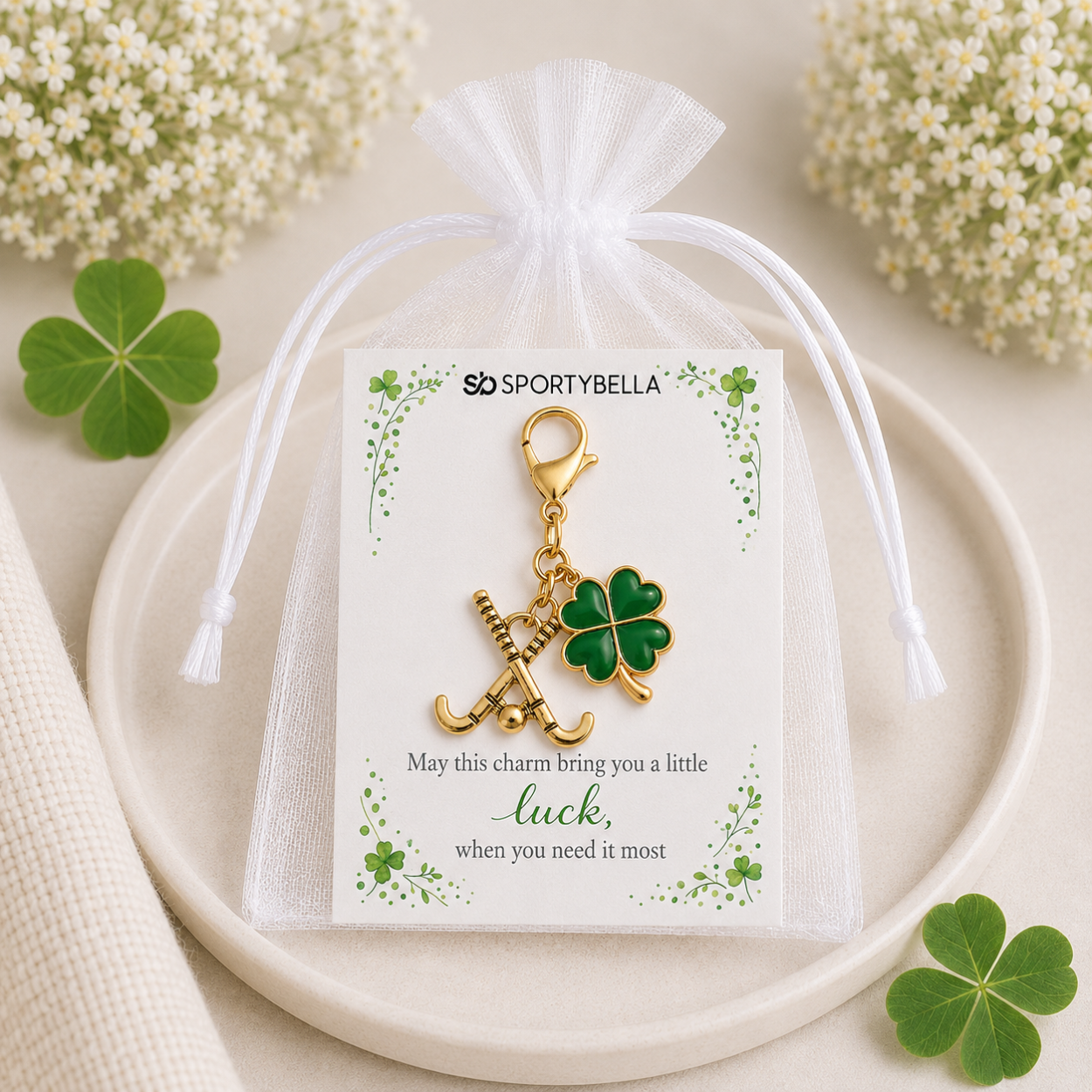 Sports Four Leaf Green Clover Lucky Clip on Charm - Gold