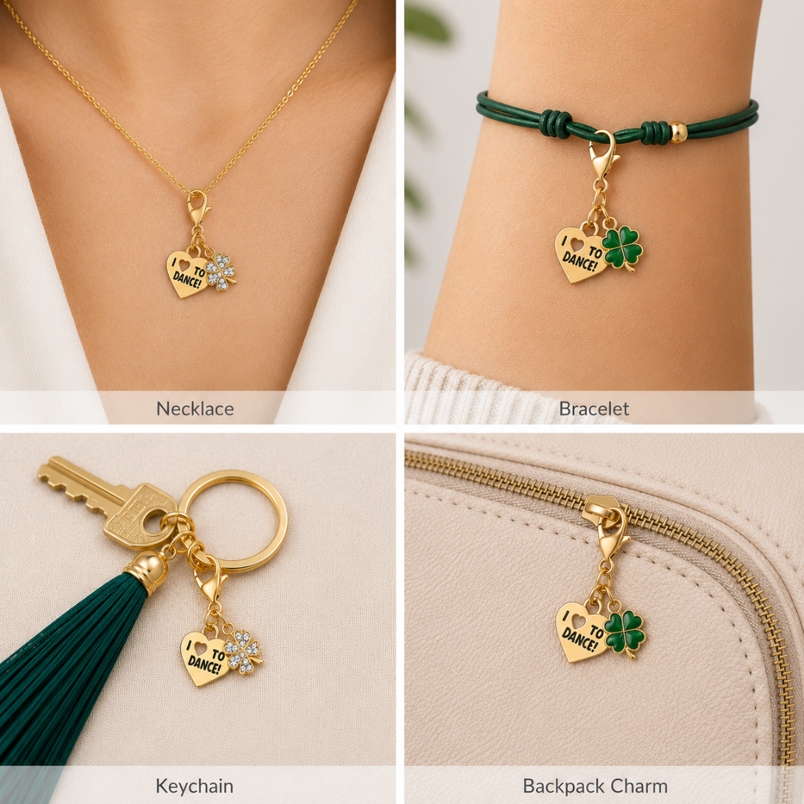 Dance Four Leaf Clover Lucky Gold Clip on Charm