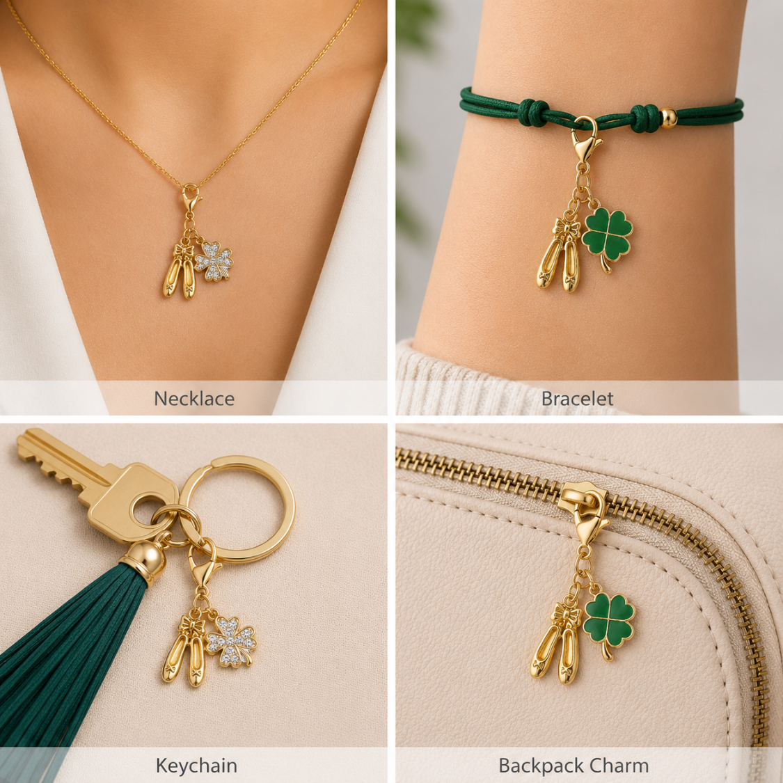 Ballet Shoes Four Leaf Clover Lucky Gold Clip on Charm