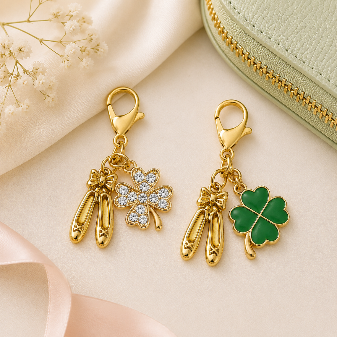 Ballet Shoes Four Leaf Clover Lucky Gold Clip on Charm