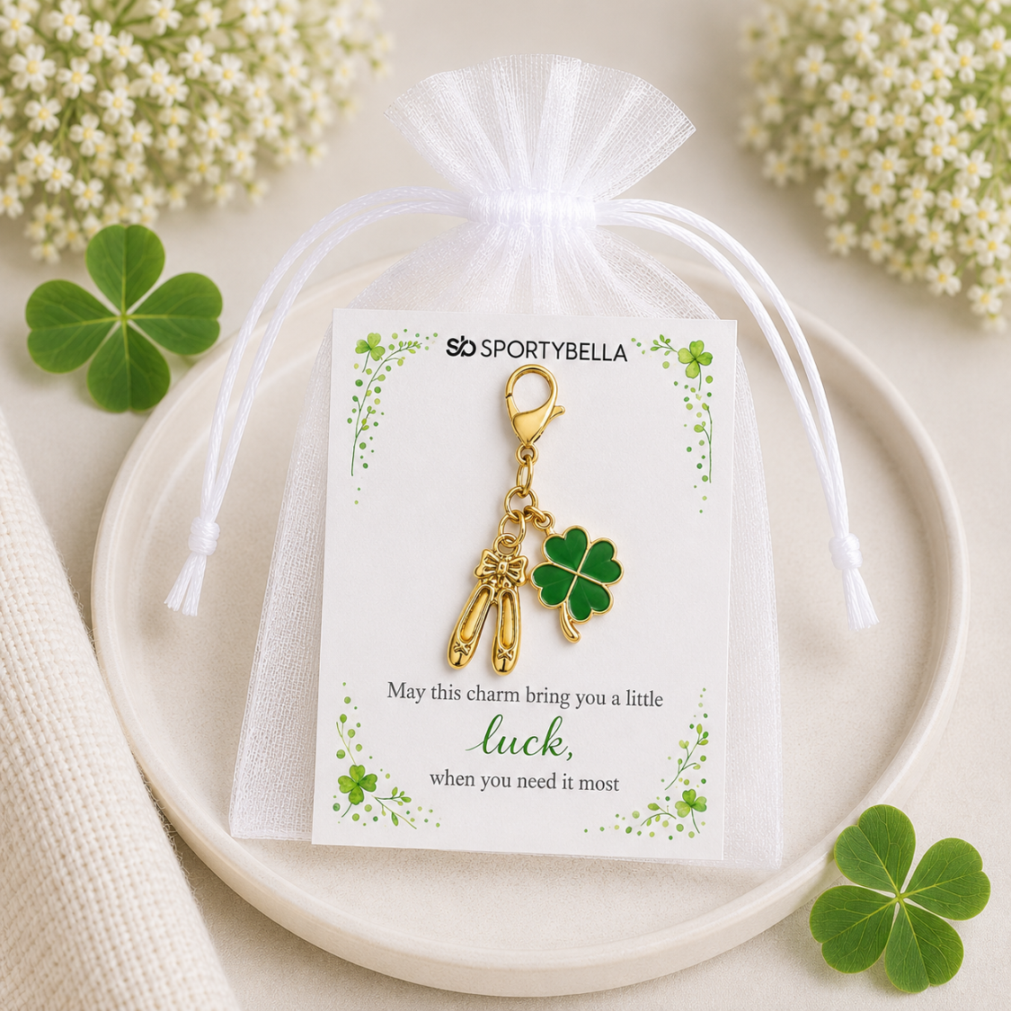 Ballet Shoes Four Leaf Clover Lucky Gold Clip on Charm