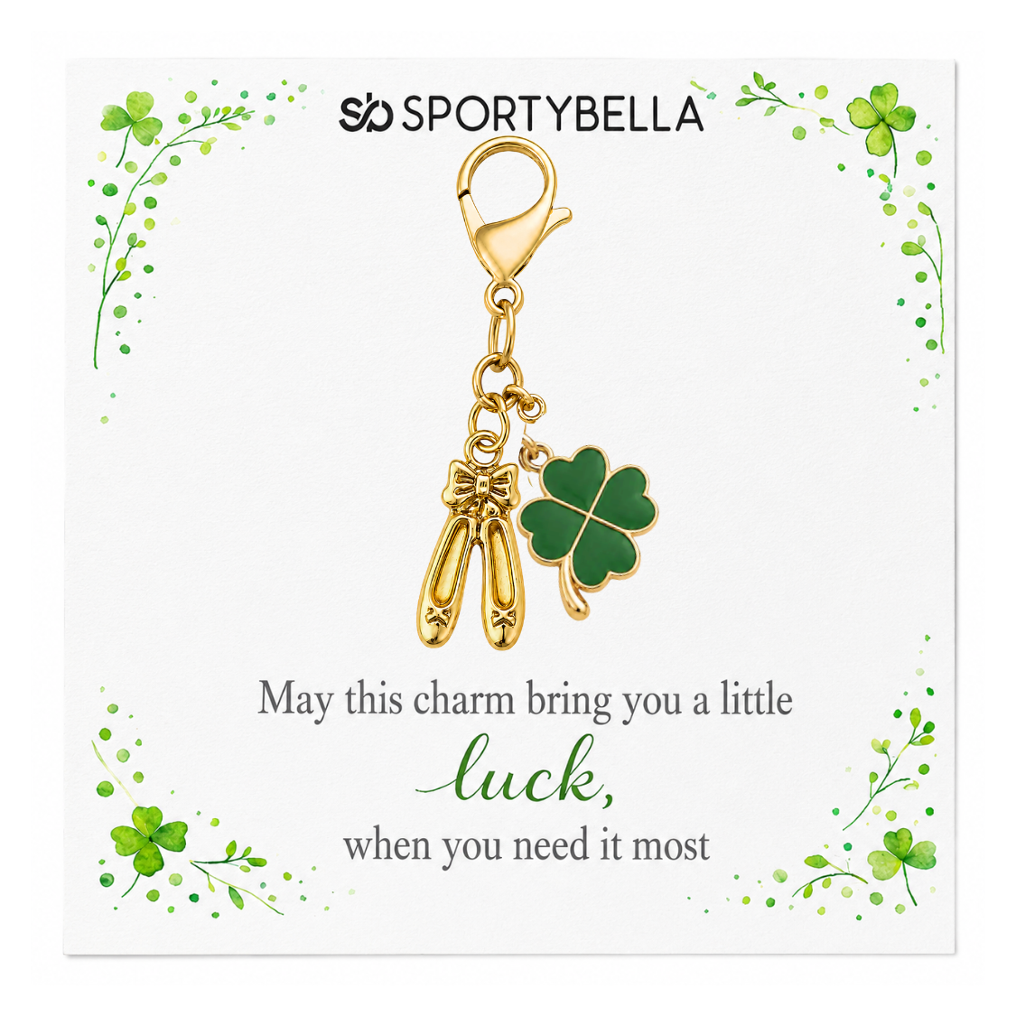 Sports Four Leaf Green Clover Lucky Clip on Charm - Gold