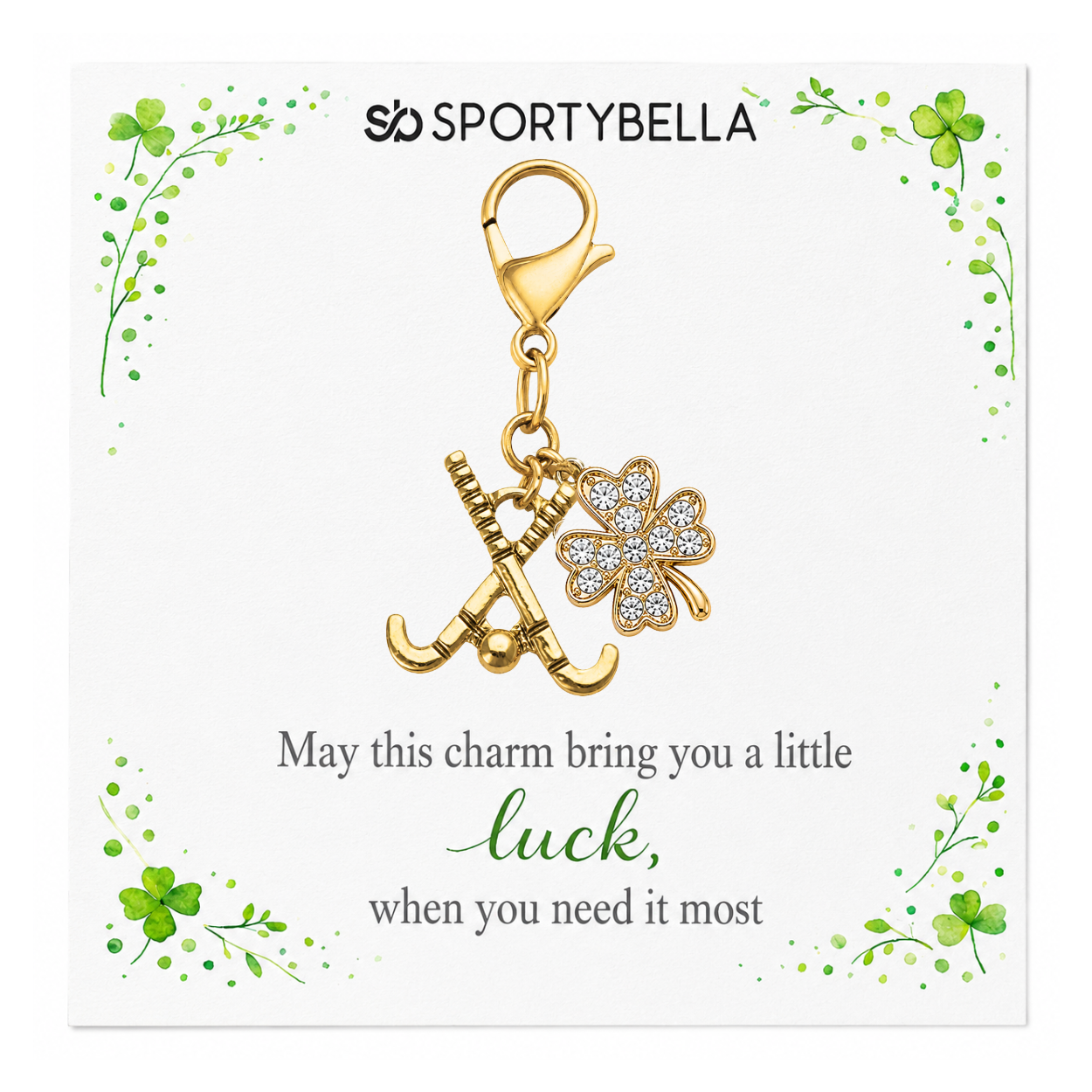 Field Hockey Four Leaf Clover Lucky Gold Clip on Charm