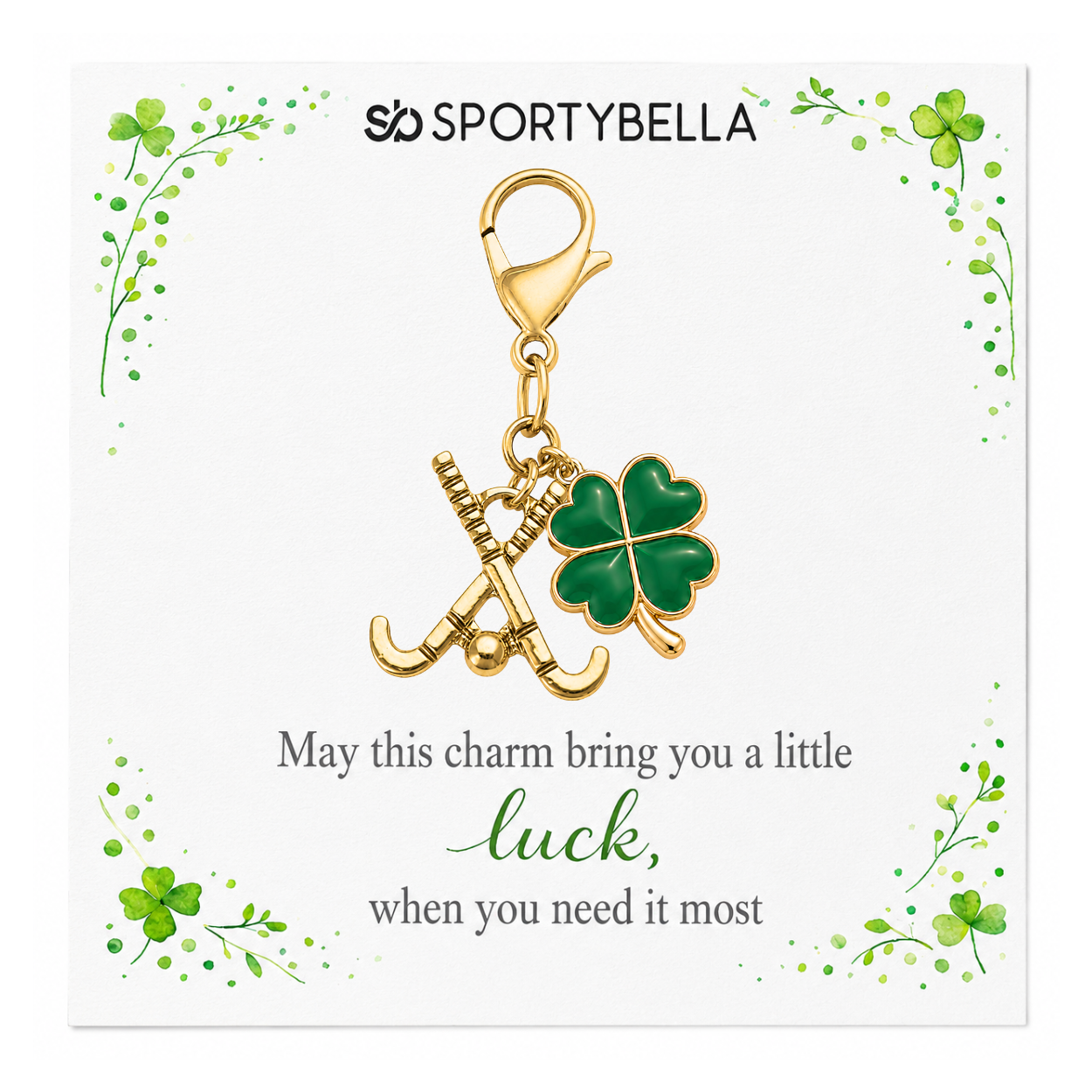 Field Hockey Four Leaf Clover Lucky Gold Clip on Charm