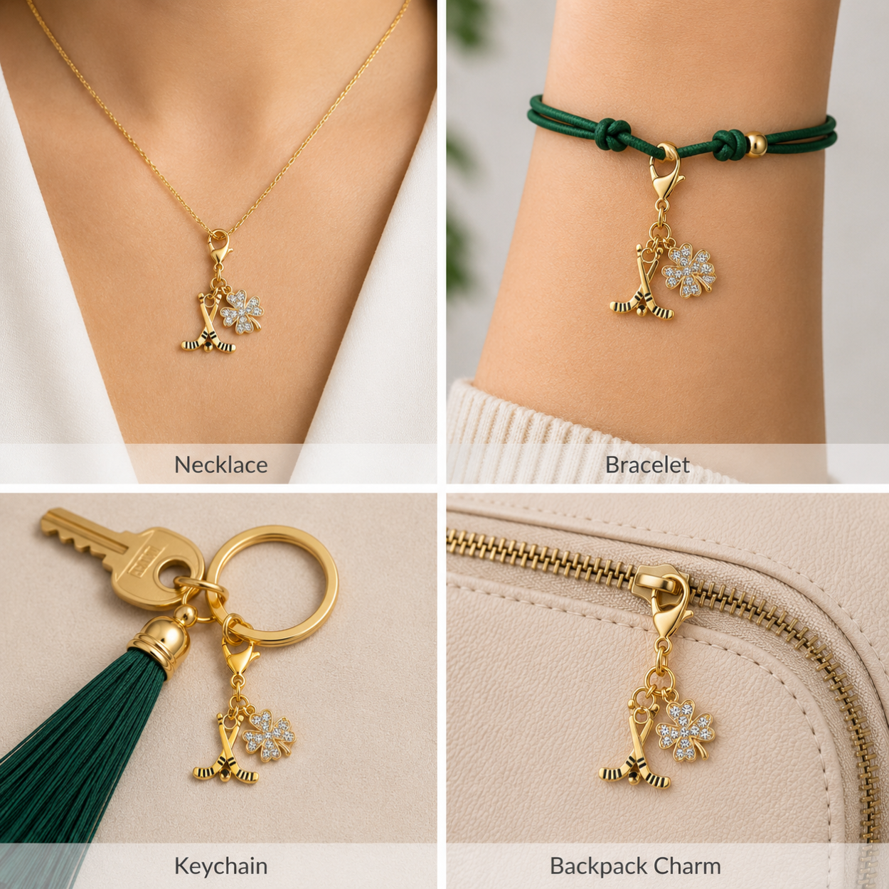 Ice Hockey Four Leaf Clover Lucky Gold Clip on Charm
