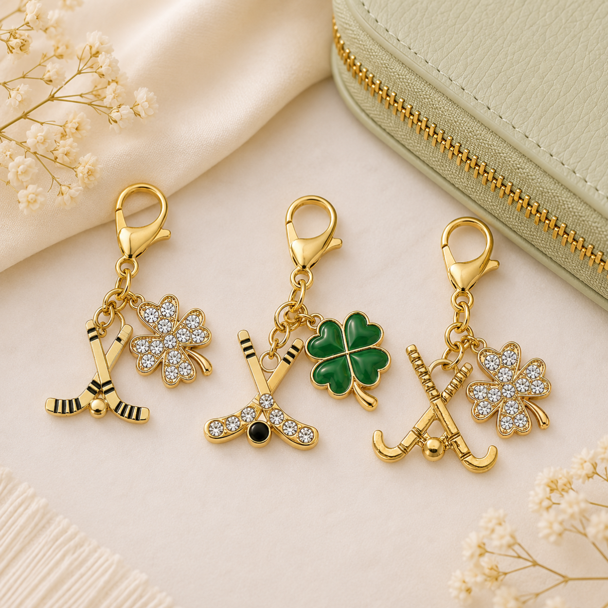 Ice Hockey Four Leaf Clover Lucky Gold Clip on Charm