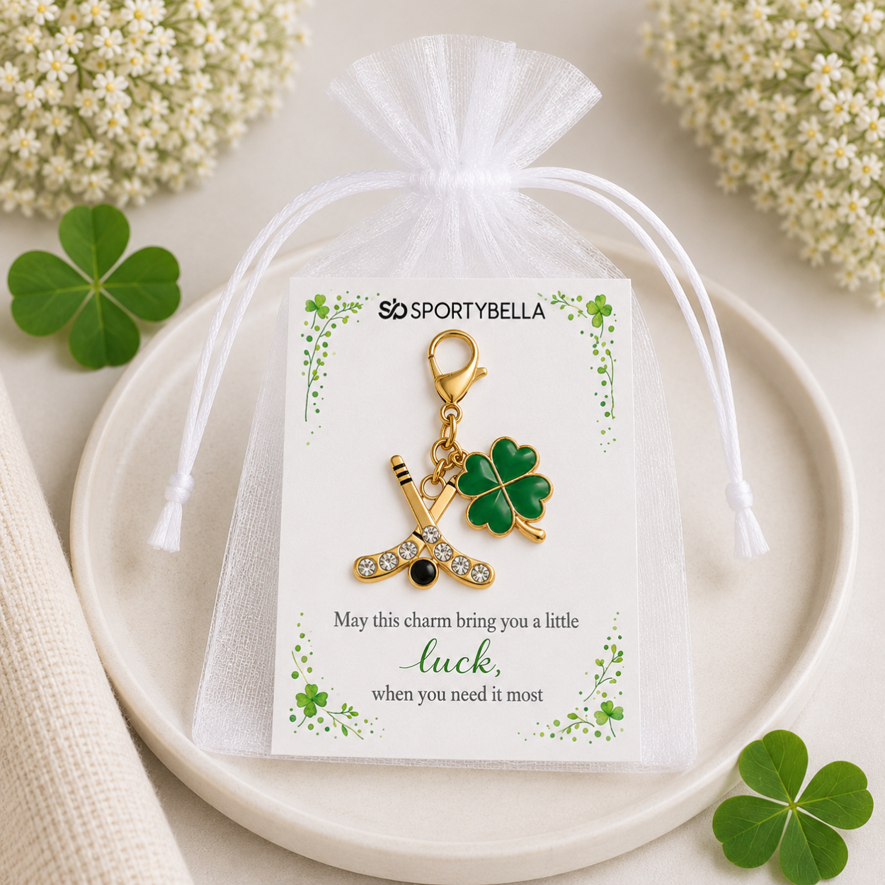Ice Hockey Four Leaf Clover Lucky Gold Clip on Charm