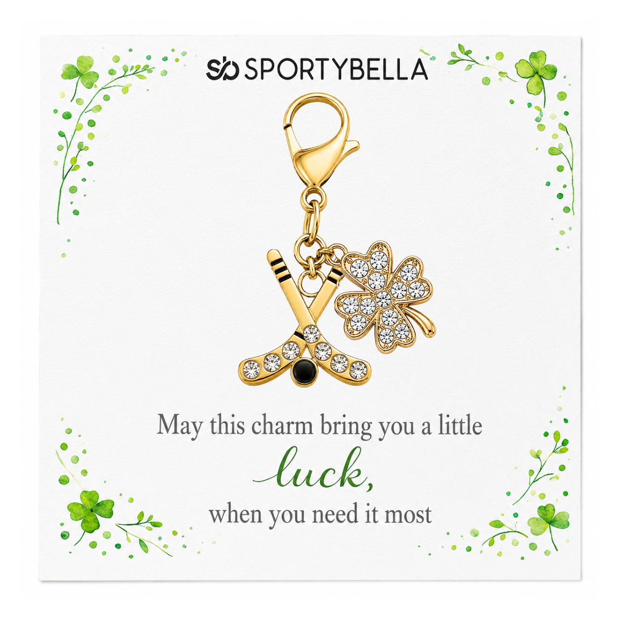 Ice Hockey Four Leaf Clover Lucky Gold Clip on Charm
