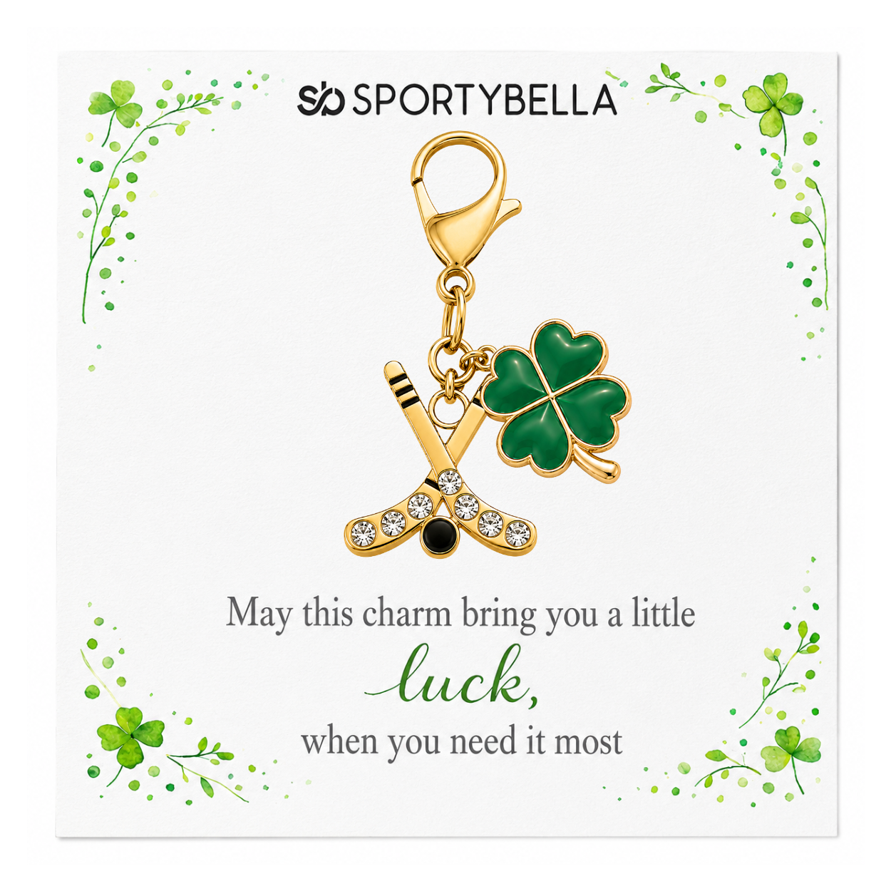 Ice Hockey Four Leaf Clover Lucky Gold Clip on Charm