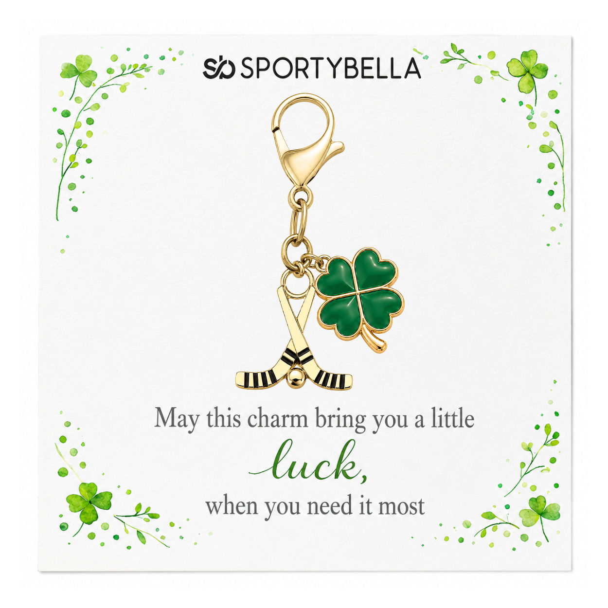 Ice Hockey Four Leaf Clover Lucky Gold Clip on Charm