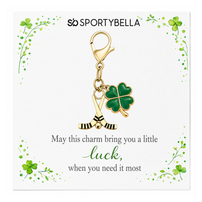 Ice Hockey Four Leaf Clover Lucky Gold Clip on Charm
