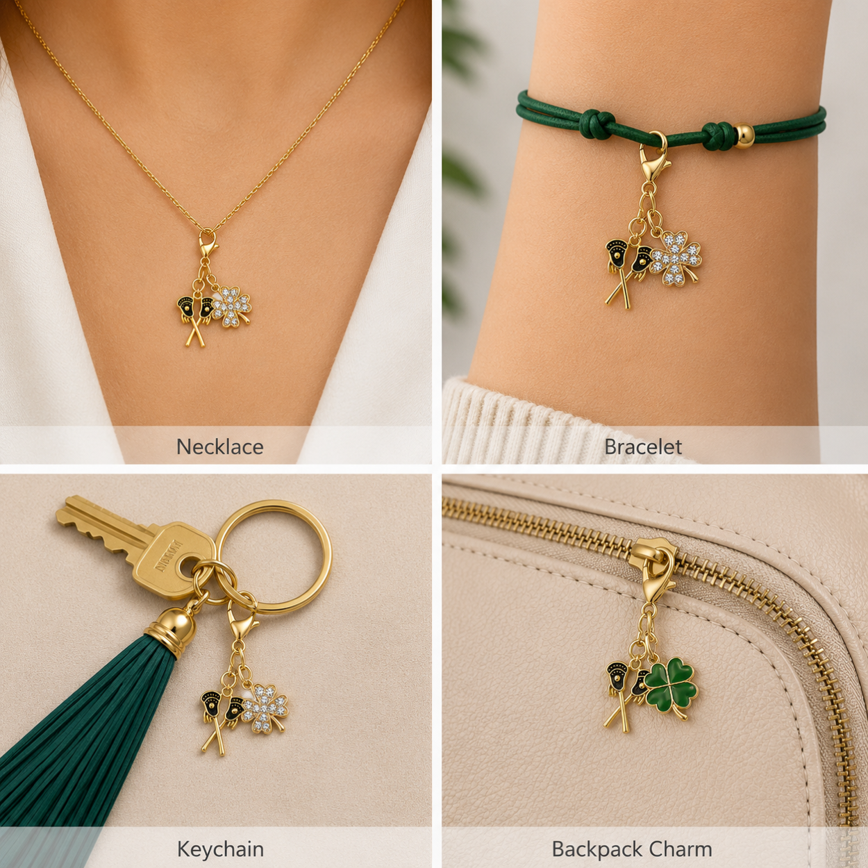 Lacrosse Four Leaf Clover Lucky Gold Clip on Charm