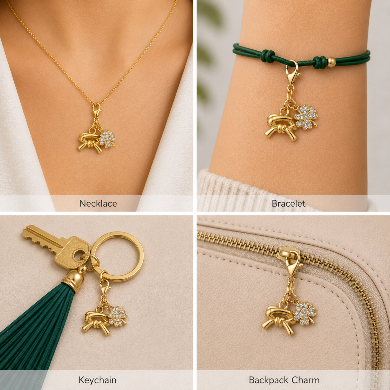 Martial Arts Belt Four Leaf Clover Lucky Gold Clip on Charm