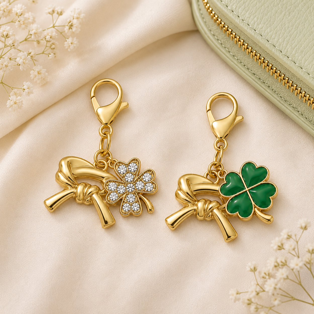 Martial Arts Belt Four Leaf Clover Lucky Gold Clip on Charm