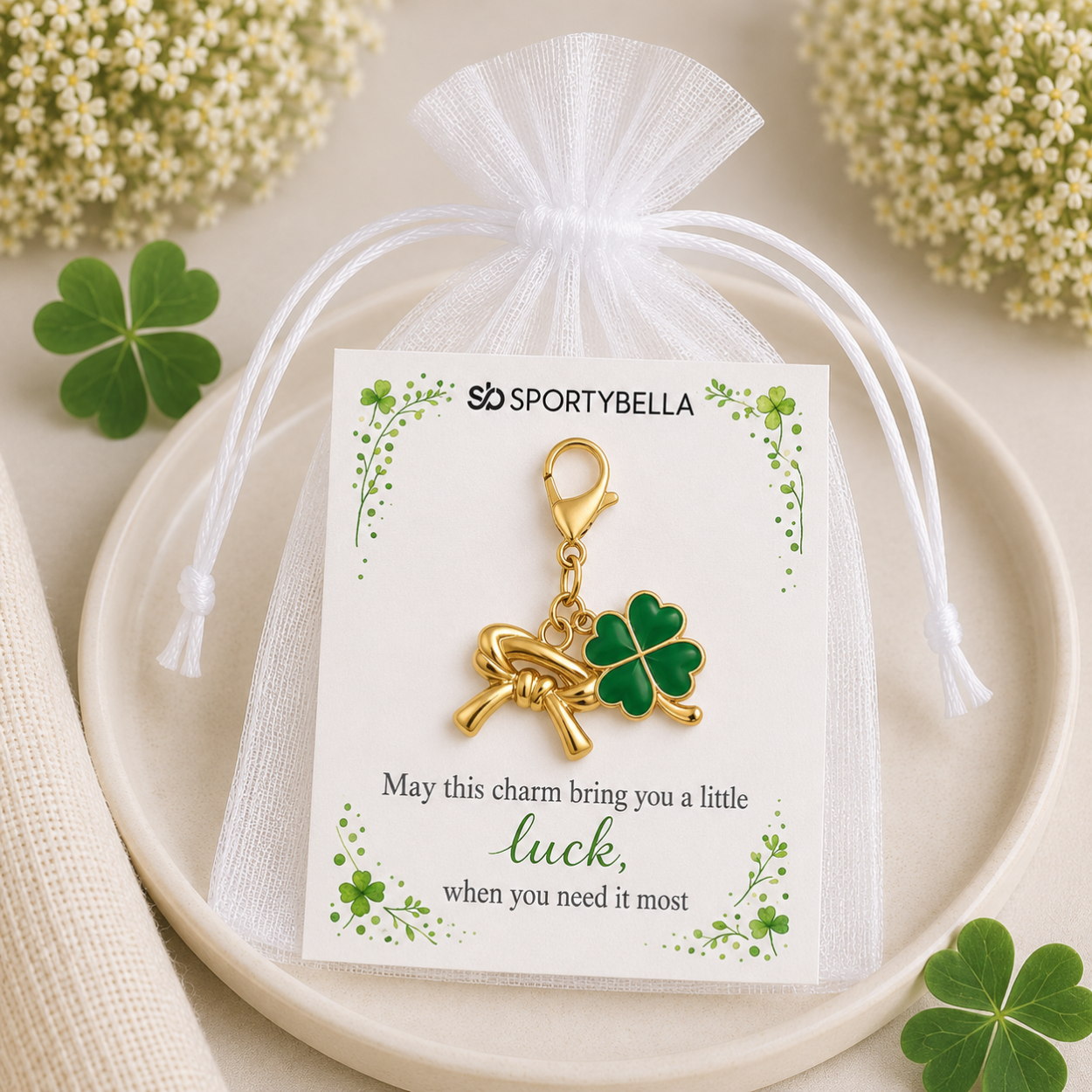 Martial Arts Belt Four Leaf Clover Lucky Gold Clip on Charm