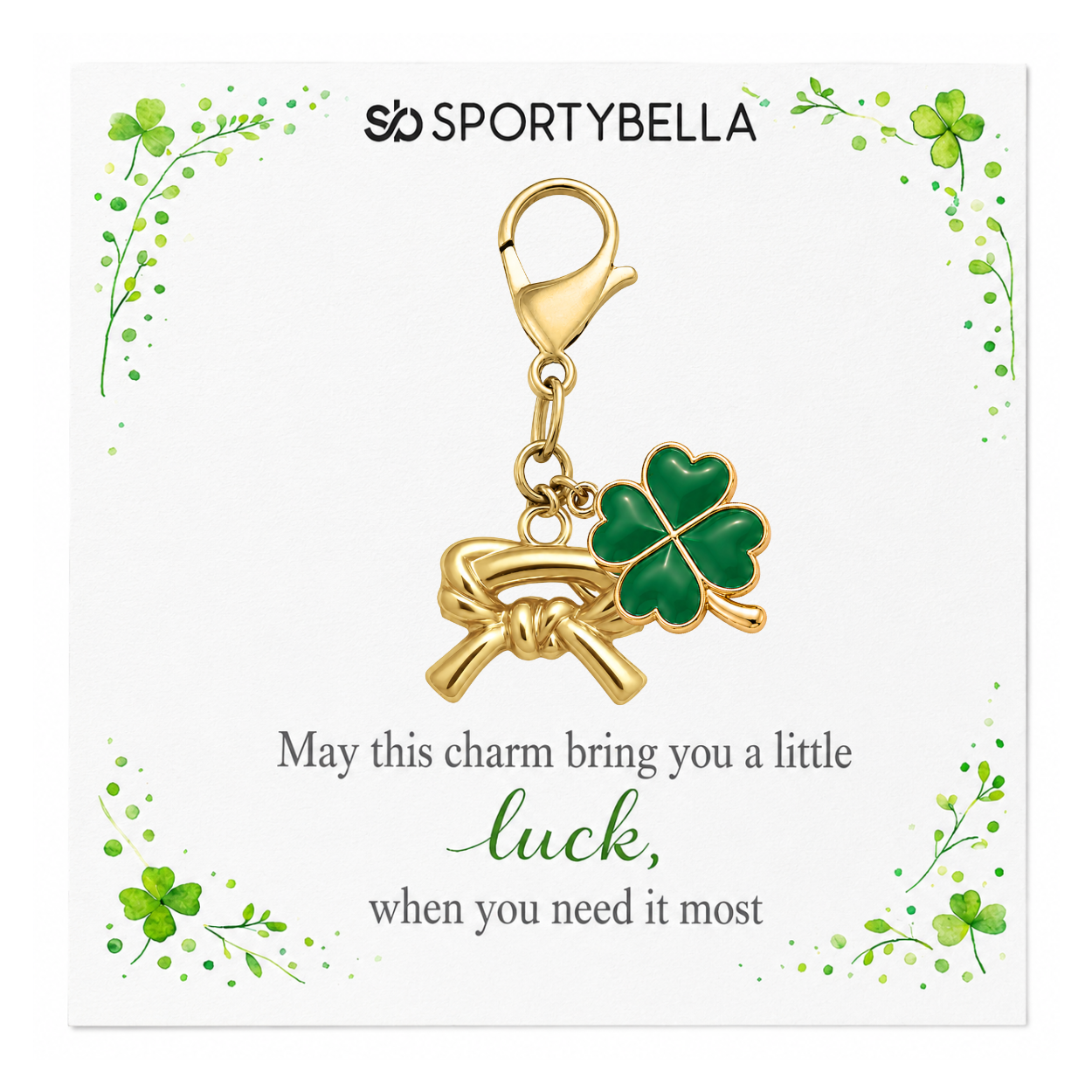 Sports Four Leaf Green Clover Lucky Clip on Charm - Gold