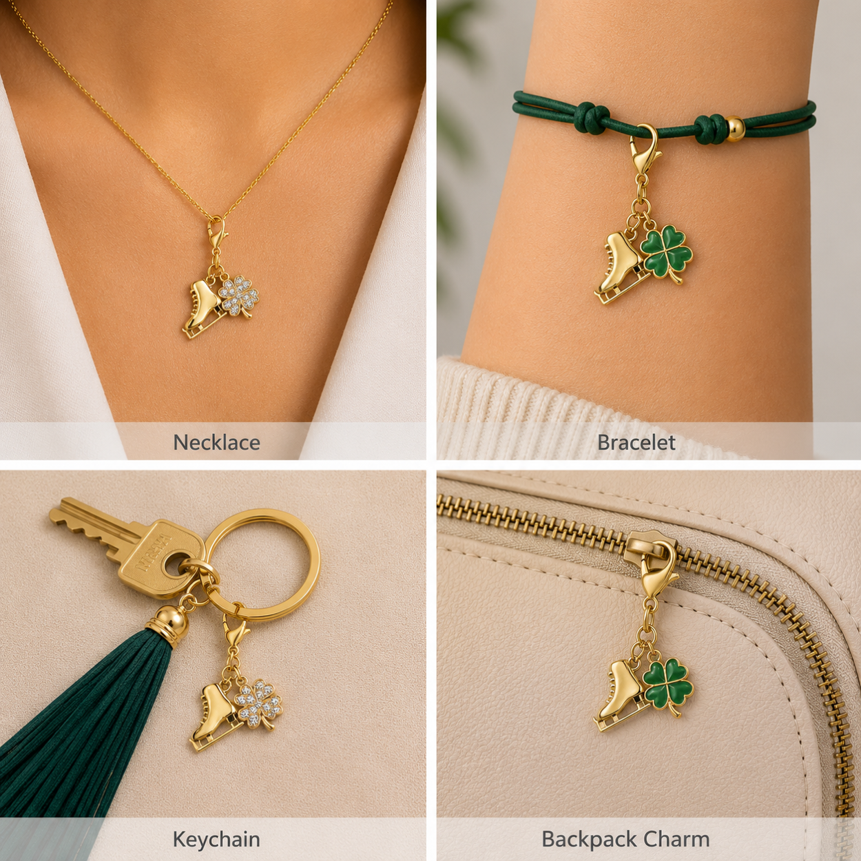 Figure Skating Four Leaf Clover Lucky Gold Clip on Charm