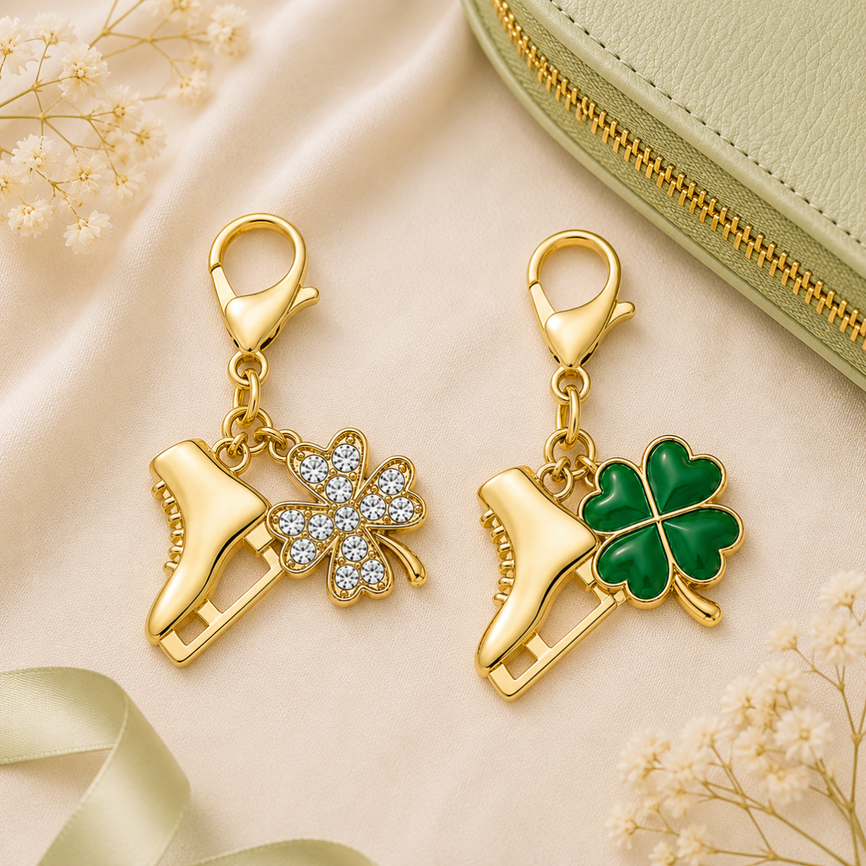 Figure Skating Four Leaf Clover Lucky Gold Clip on Charm