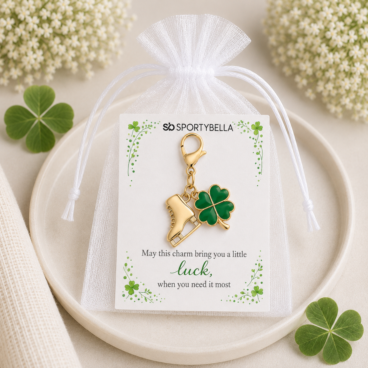 Figure Skating Four Leaf Clover Lucky Gold Clip on Charm