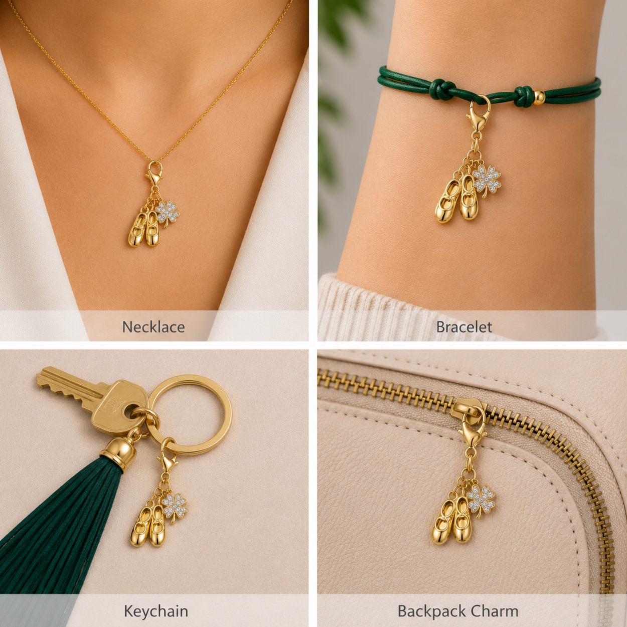 Tap Dance Four Leaf Clover Lucky Gold Clip on Charm