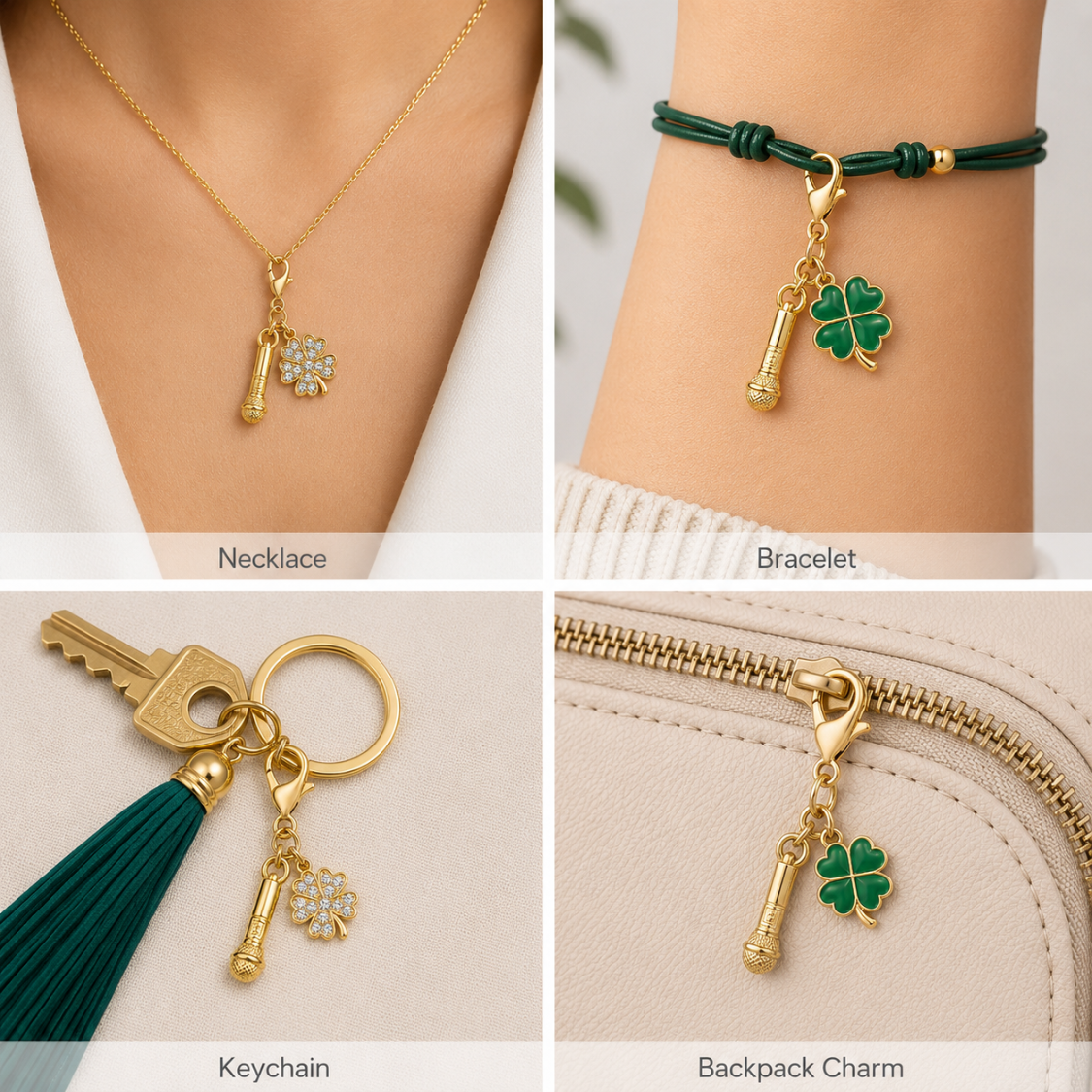 Microphone Four Leaf Clover Lucky Gold Clip on Charm