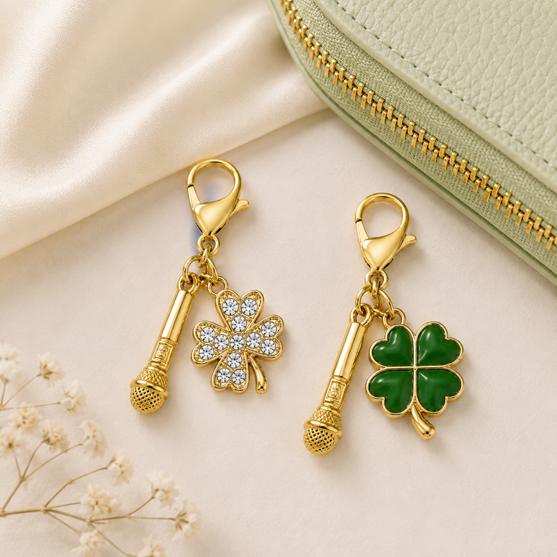 Microphone Four Leaf Clover Lucky Gold Clip on Charm