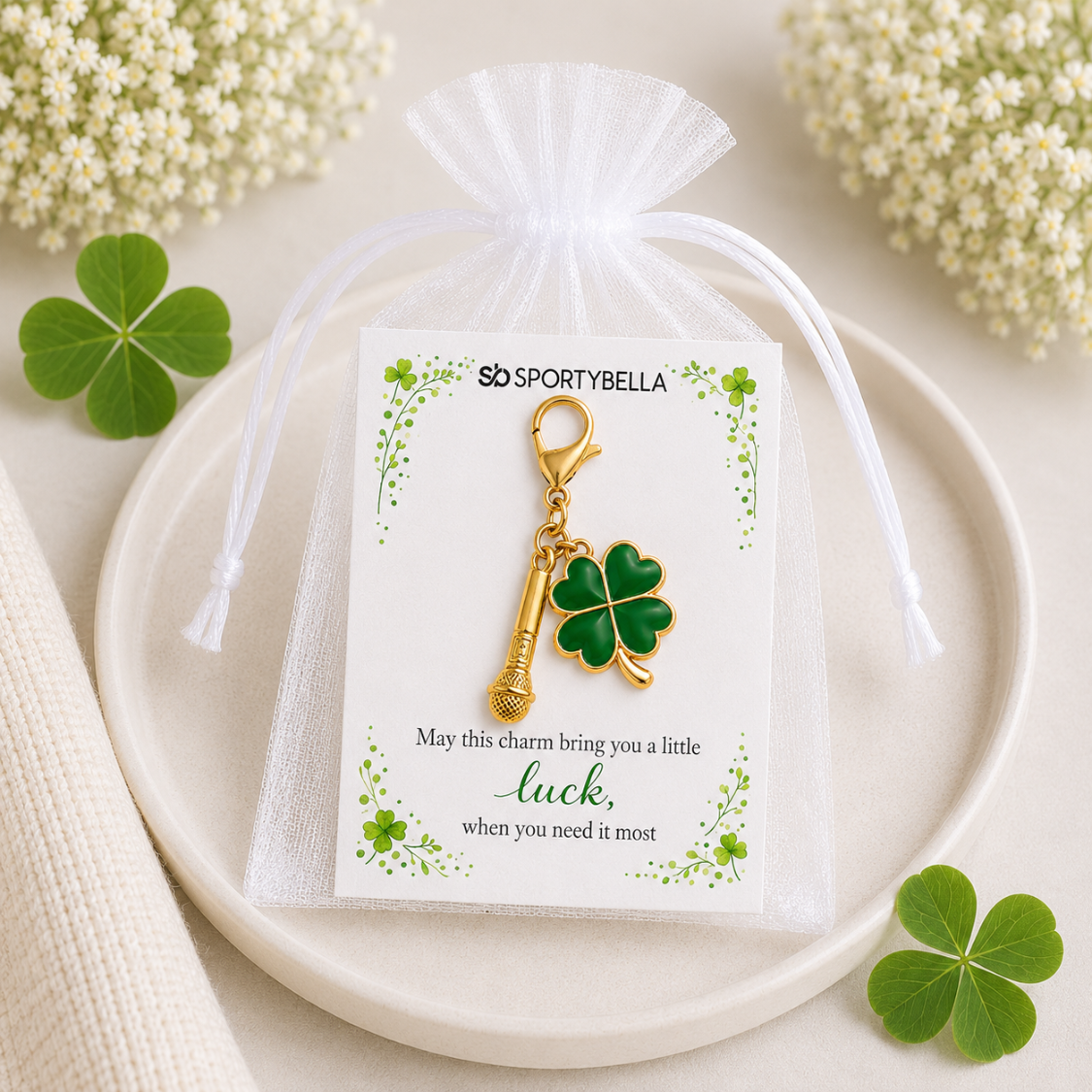 Microphone Four Leaf Clover Lucky Gold Clip on Charm