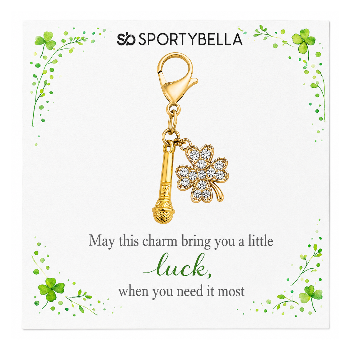 Microphone Four Leaf Clover Lucky Gold Clip on Charm