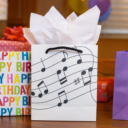 Music gift bag with musical notes design, perfect for wrapping birthday gifts and thoughtful giveaways.