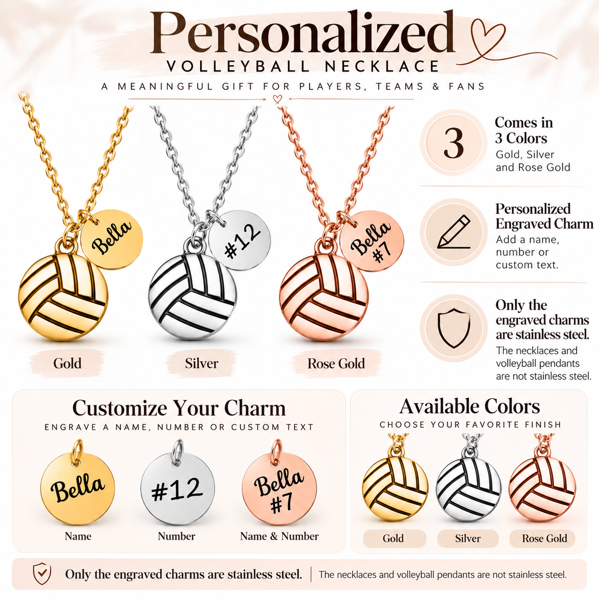 Personalized Volleyball Engraved Necklace