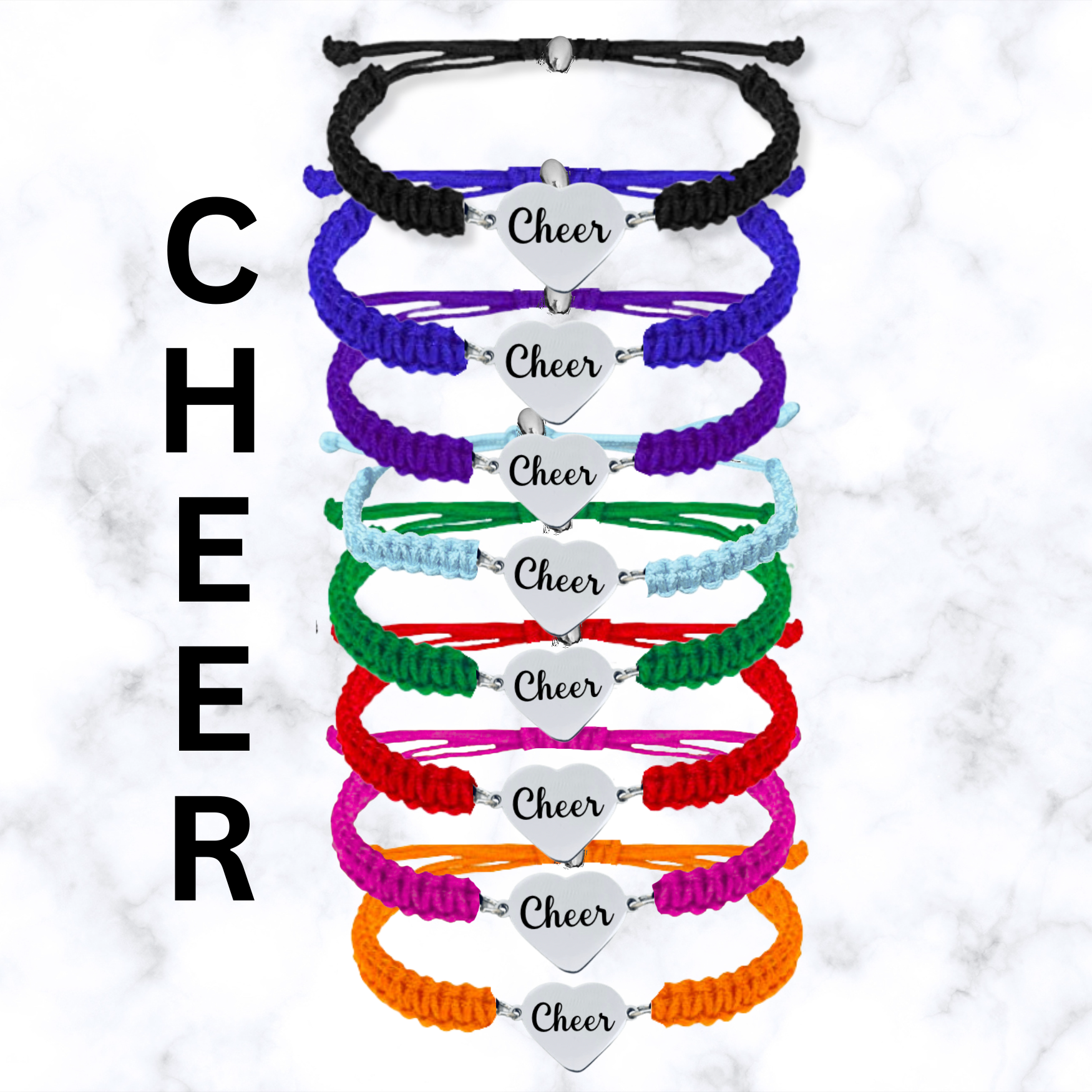 Color chart showing full range of cheer heart rope bracelets in various team and fashion colors