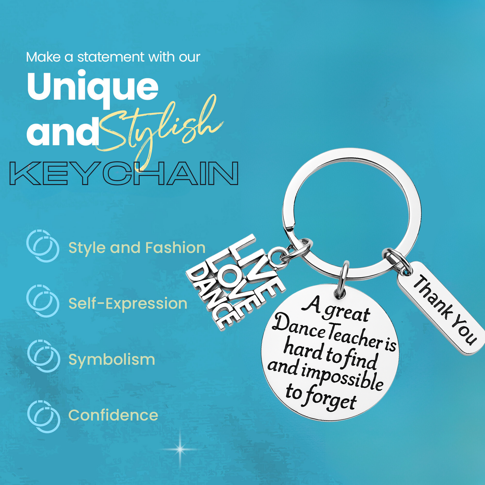Feature image with blue background highlighting durable, hypoallergenic dance keychain