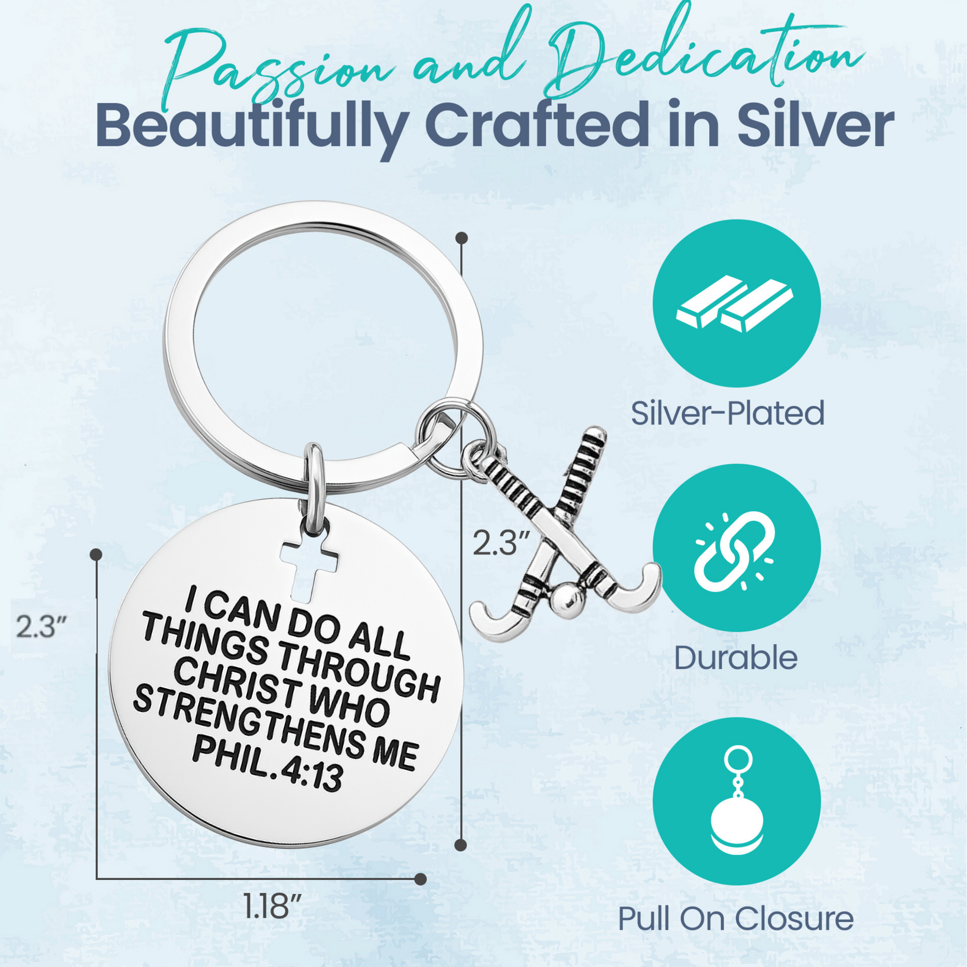 Silver Christian keychain with scripture verse on display card showing quality and materials