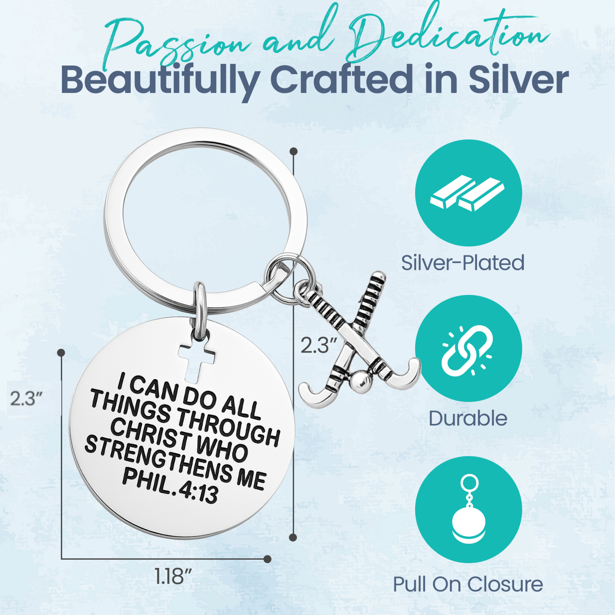 Silver Christian keychain with scripture verse on display card showing quality and materials